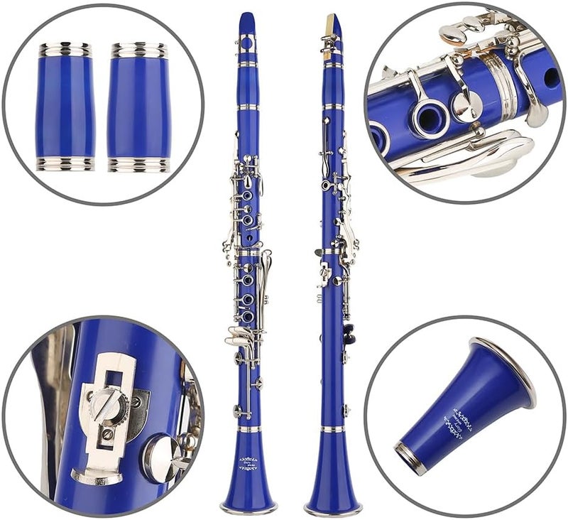 Glory GLY-CLADBL Professional Ebonite Bb Clarinet with 10 Reeds, Stand, Hard Case, Cleaning Cloth, Mouthpiece Brush and Pad Brush,Dark Blue/Silver - Image 3